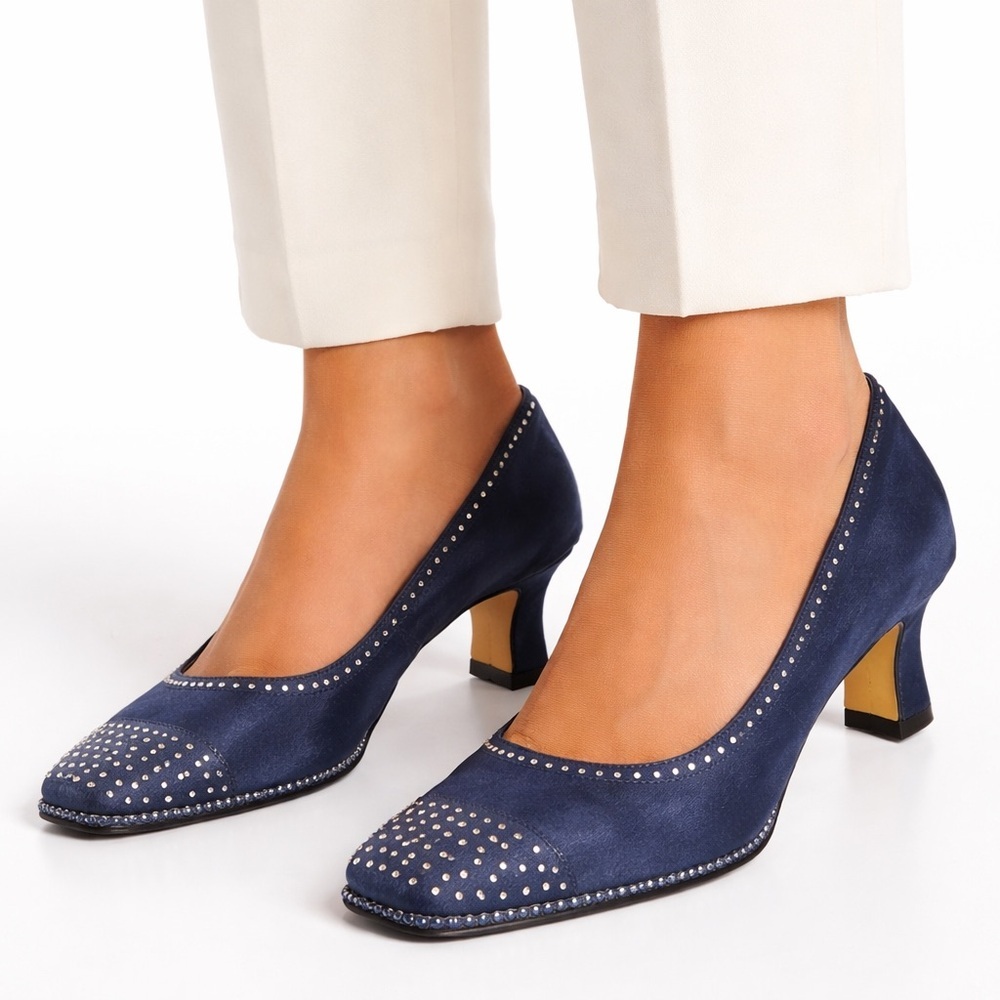 Valenti Franco Blue Satin Studded Heels Leather Sole Pumps Size 8.5